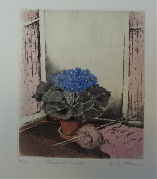 Annapia Antonini, Blume und Strickzeug, Farbradierung